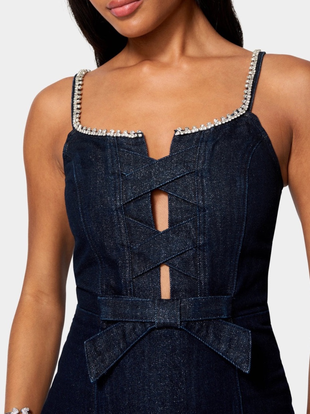 Bebe BOW DETAIL RHINESTONE STRAP GLITTER DENIM DRESS 🎀 - Picture 4 of 13